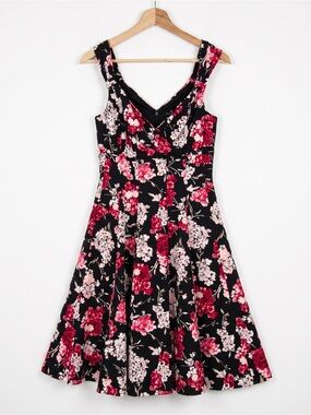 black tweed flare mini dress Fit and Color:White with Black Polka Dot and Blue Satin Band Featuring a round neck groupfilter-La Costa Little Black Chic Short